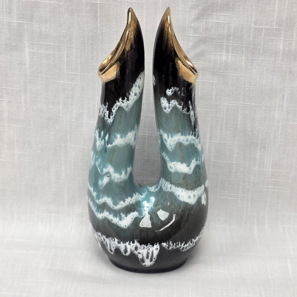 Vintage Germany 480 Double Neck Ceramic Vase Turquoise Black Gold Drip Glaze MCM